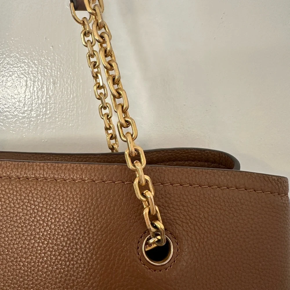 Tory Burch Cognac Pebbled Leather Tote with Gold Logo Chain